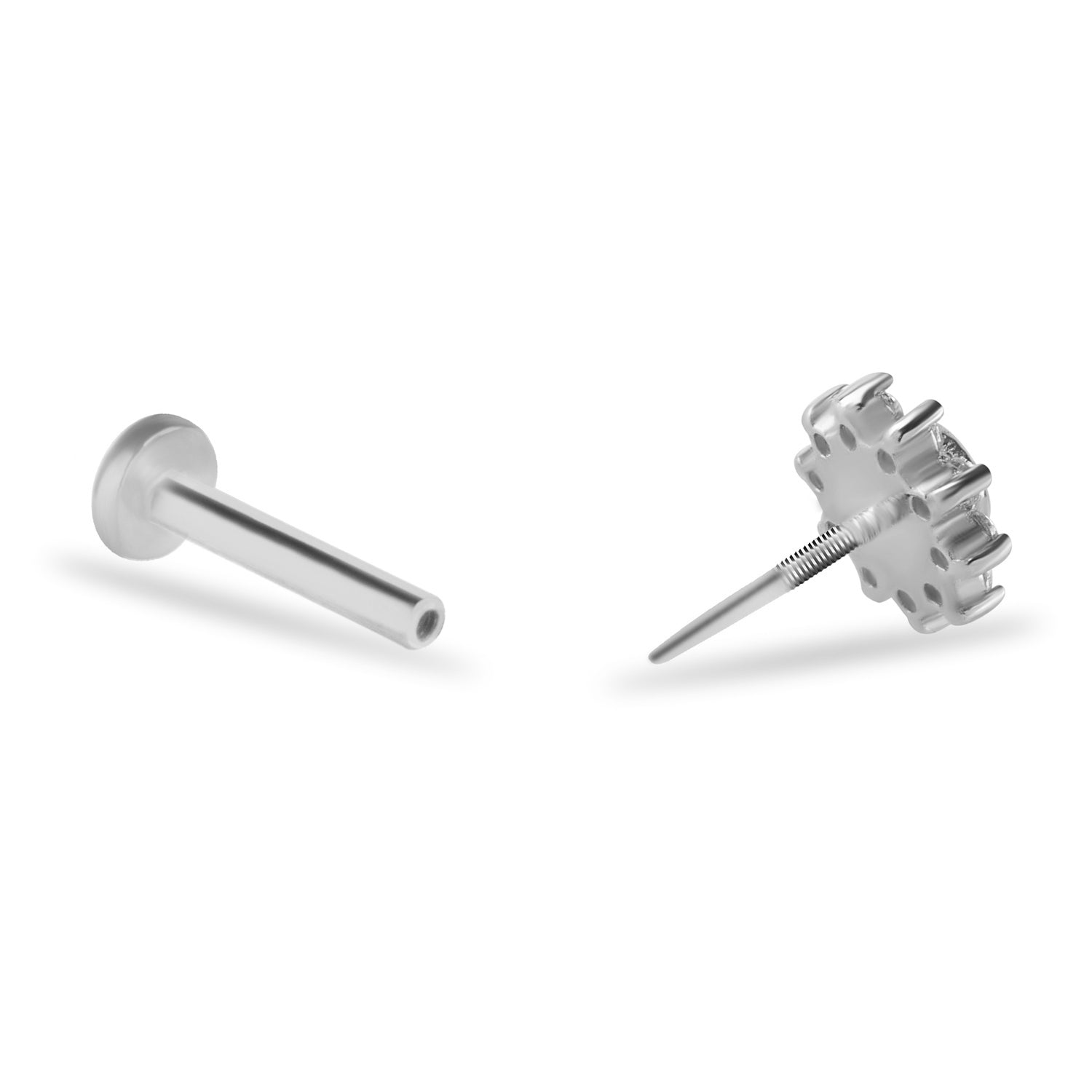 Flower stud piercing earring with clear zircons - 14K Solid White Gold