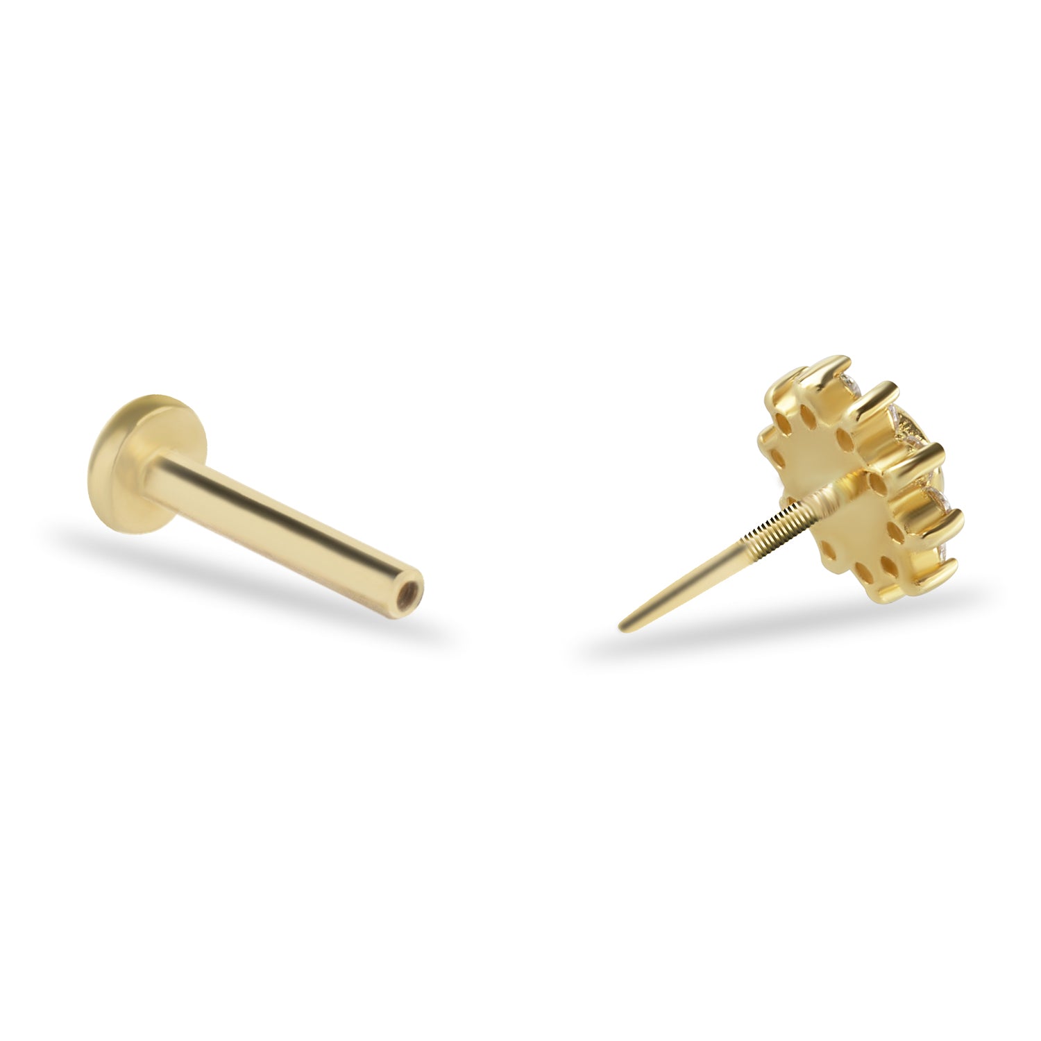 Flower stud piercing earring with clear zircons - 14K Solid Yellow Gold
