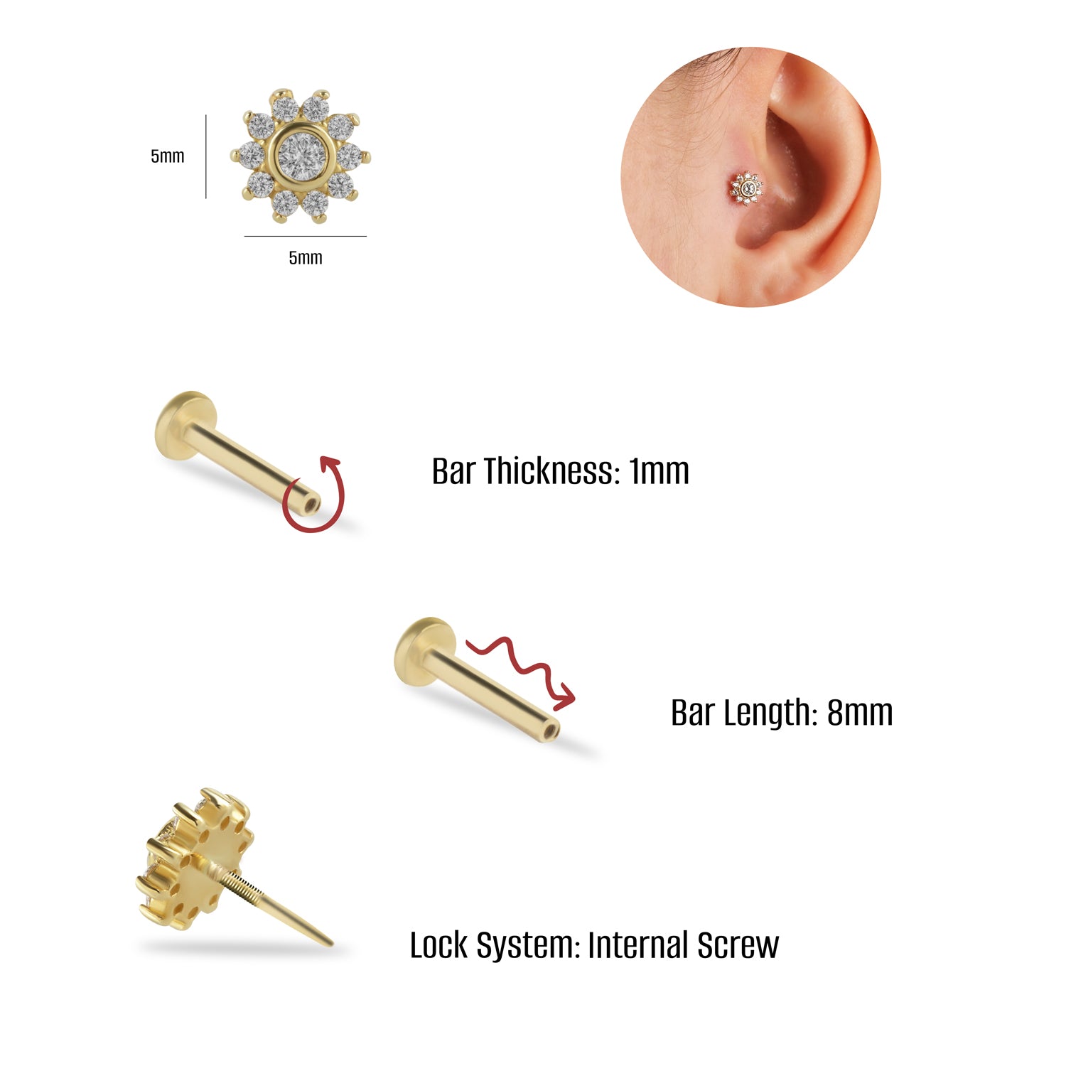Flower stud piercing earring with clear zircons - 14K Solid Yellow Gold