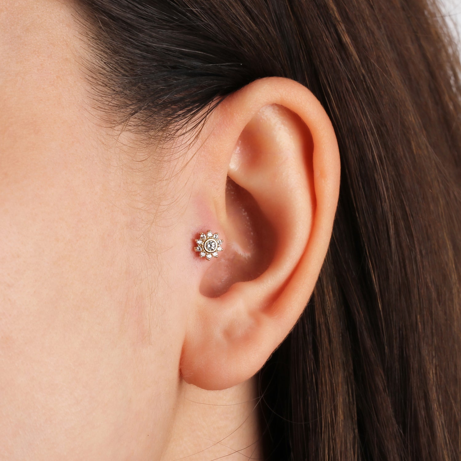 Flower stud piercing earring with clear zircons - 14K Solid Yellow Gold