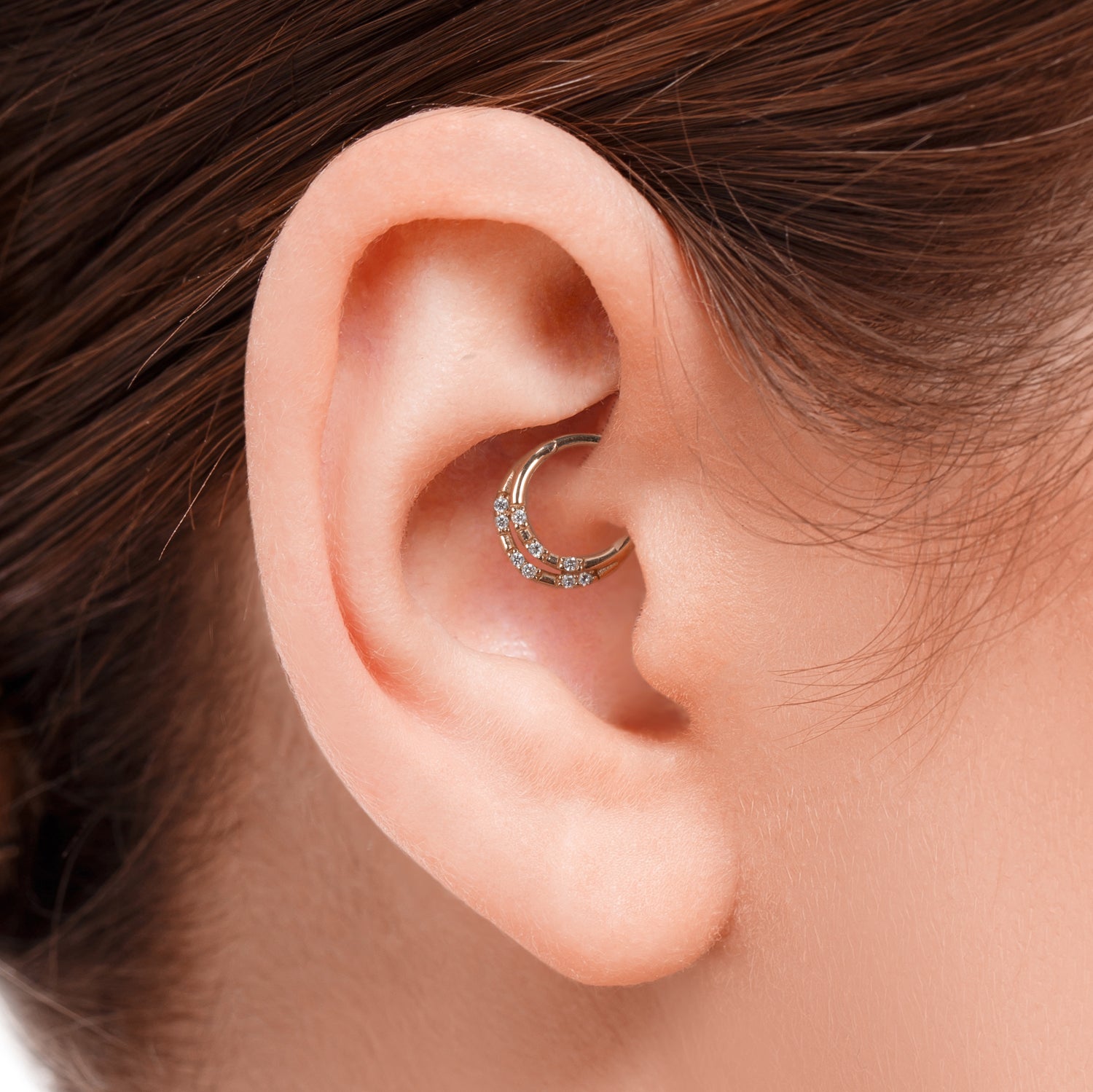 8mm Hoop piercing earring with clear zircons - 14K Solid Rose Gold