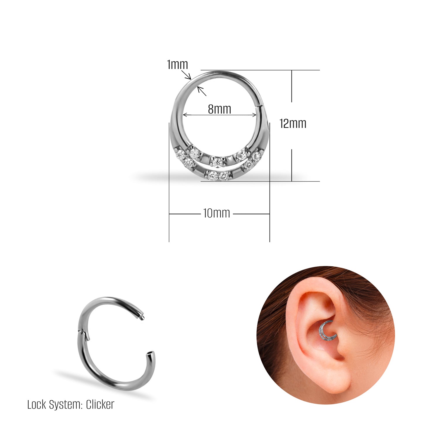 8mm Hoop piercing earring with clear zircons - 14K Solid White Gold