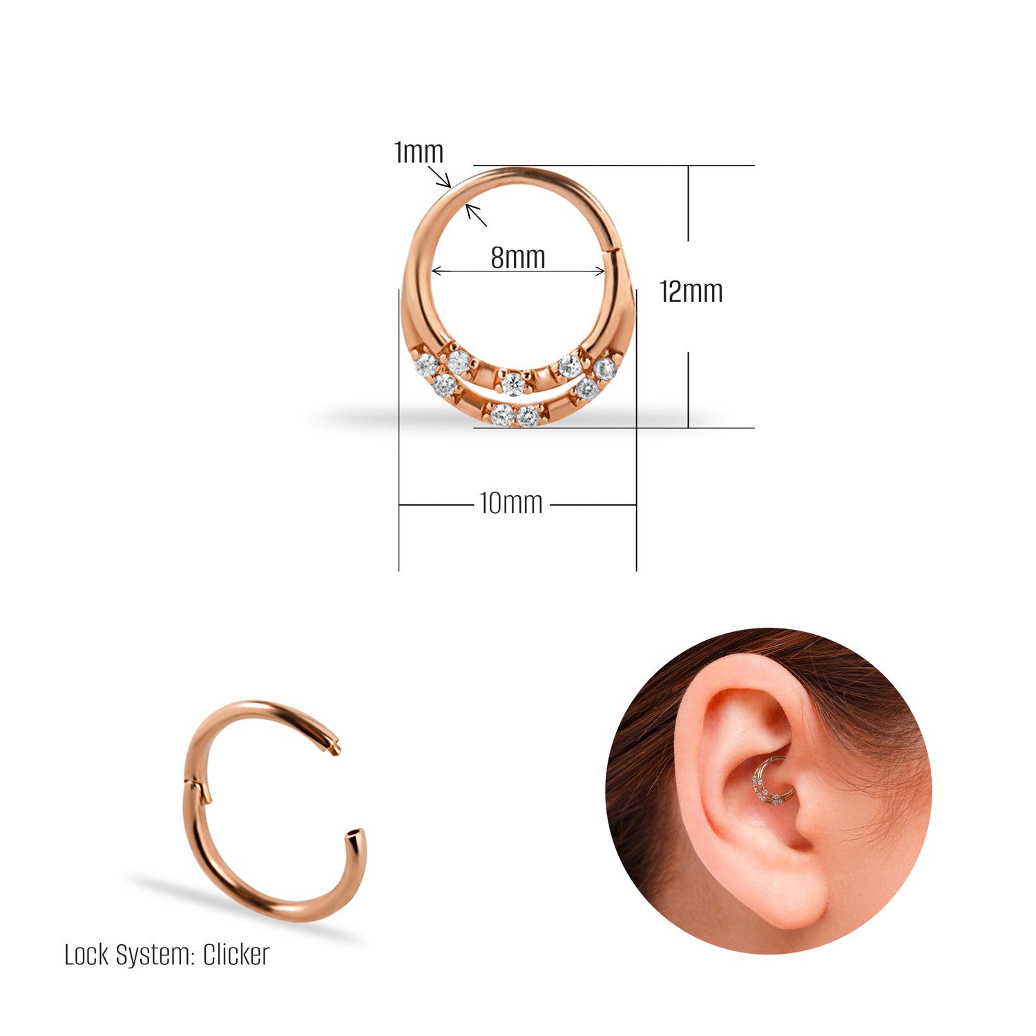 8mm Hoop piercing earring with clear zircons - 14K Solid Rose Gold
