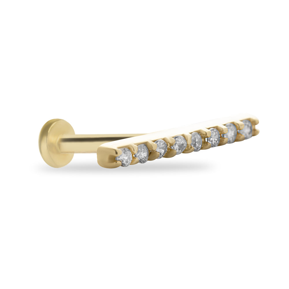 Strip stud piercing earring with clear zircons - 14K Solid Yellow Gold