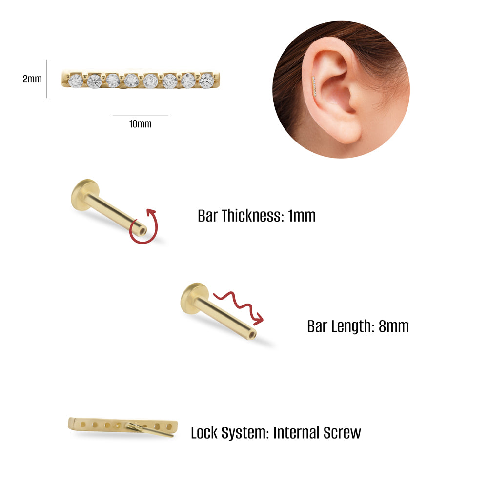 Strip stud piercing earring with clear zircons - 14K Solid Yellow Gold