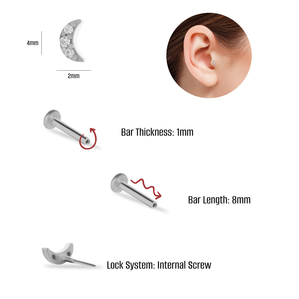 Moon stud piercing earring with clear zircons - 14K Solid White Gold