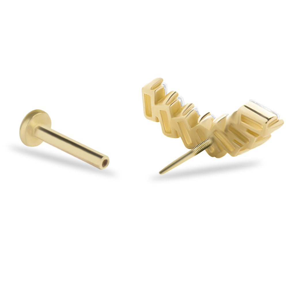 Climber stud piercing earring with clear zircons - 14K Solid Yellow Gold