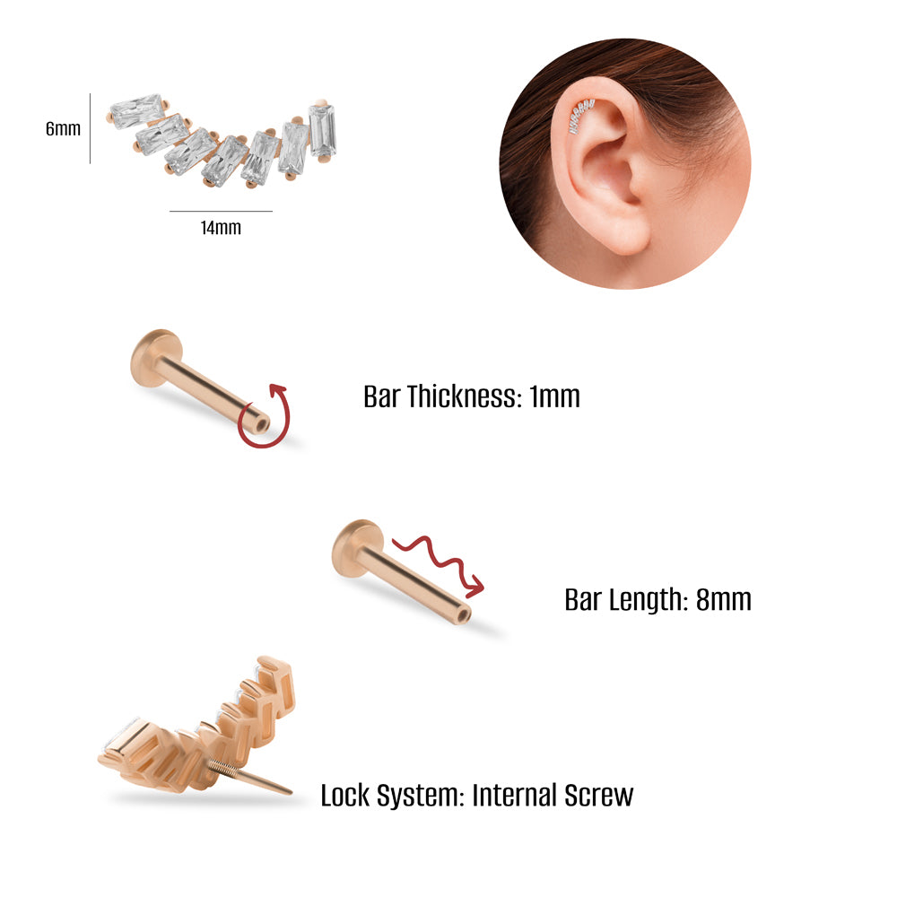 Climber stud piercing earring with clear zircons - 14K Solid Rose Gold