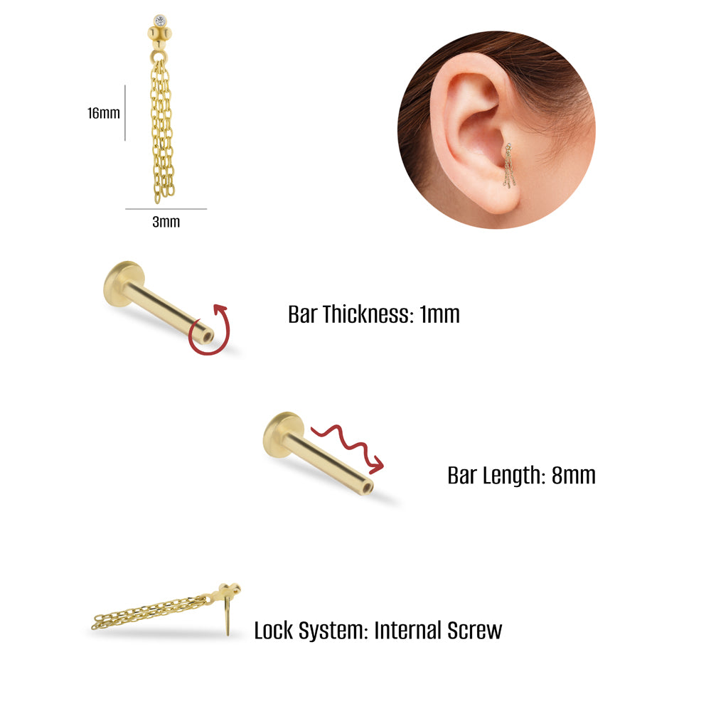 Chine stud piercing earring with clear zircon - 14K Solid Yellow Gold