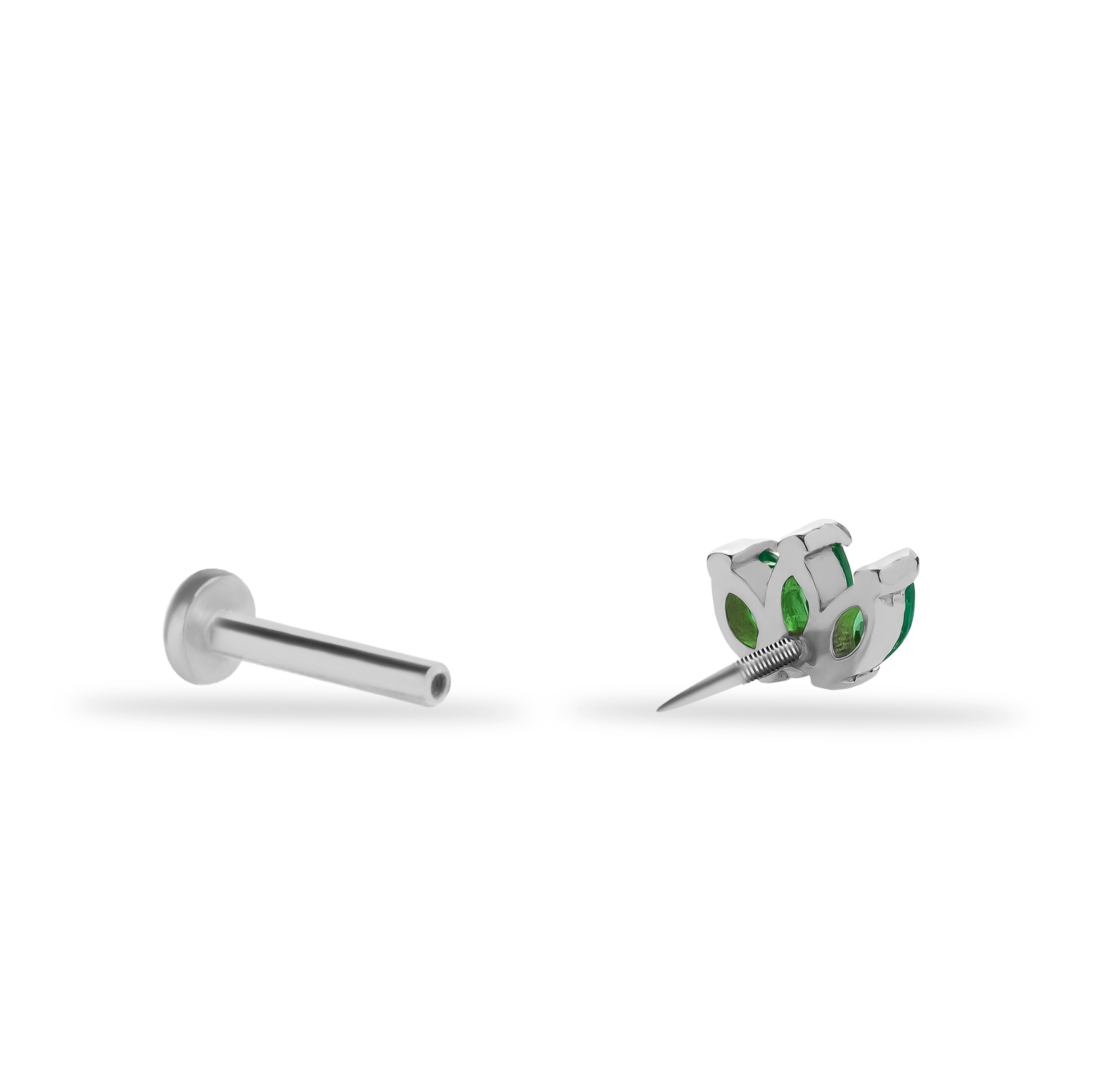 Mini flower stud piercing earring with green zircons - 14K Solid White Gold