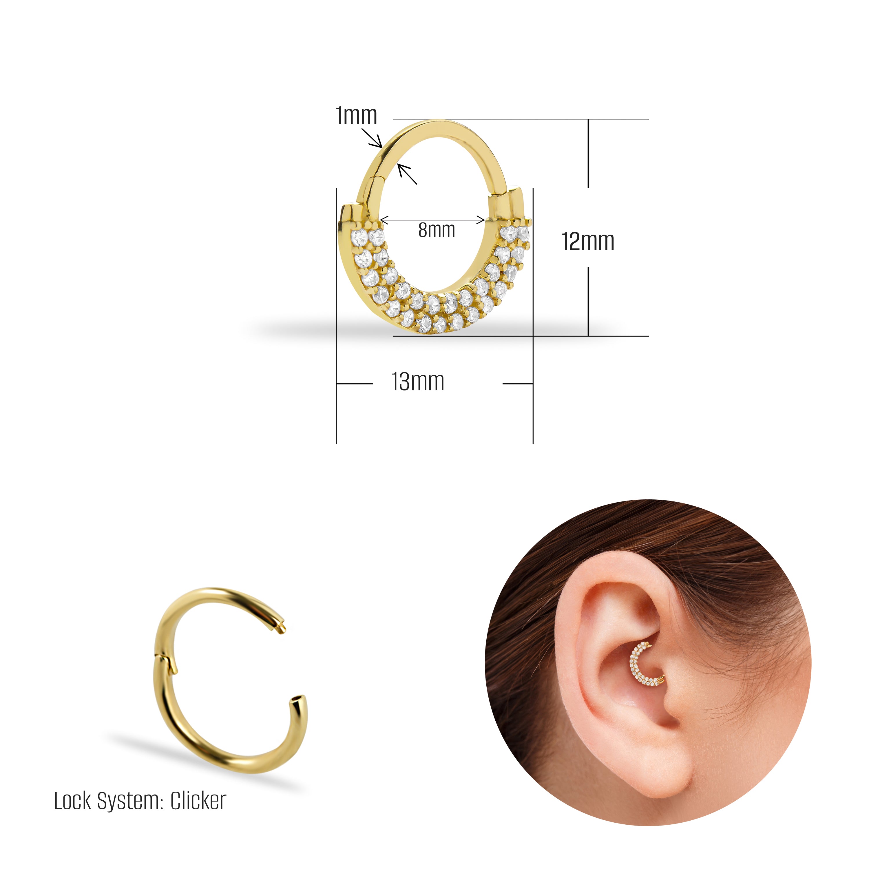 8mm Hoop piercing earring with clear zircons - 14K Solid Yellow Gold