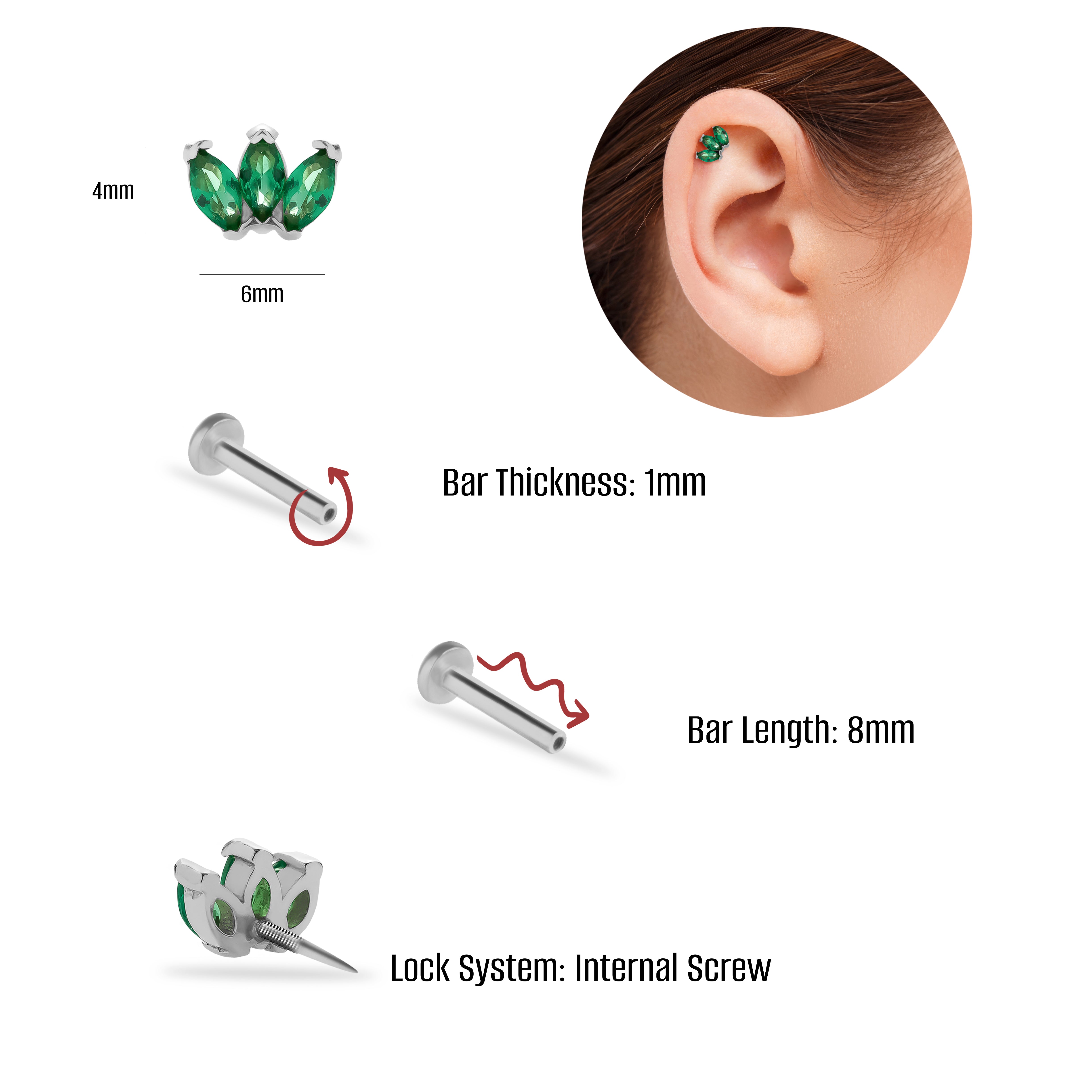 Mini flower stud piercing earring with green zircons - 14K Solid White Gold