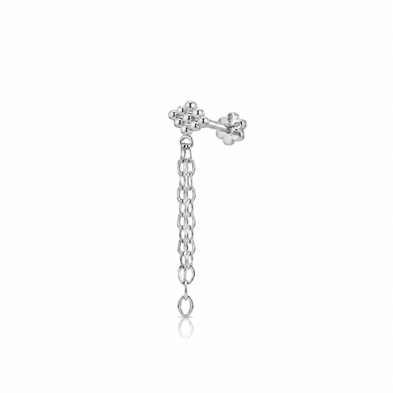Chain stud piercing earring with clear zircon - 14K Solid White Gold