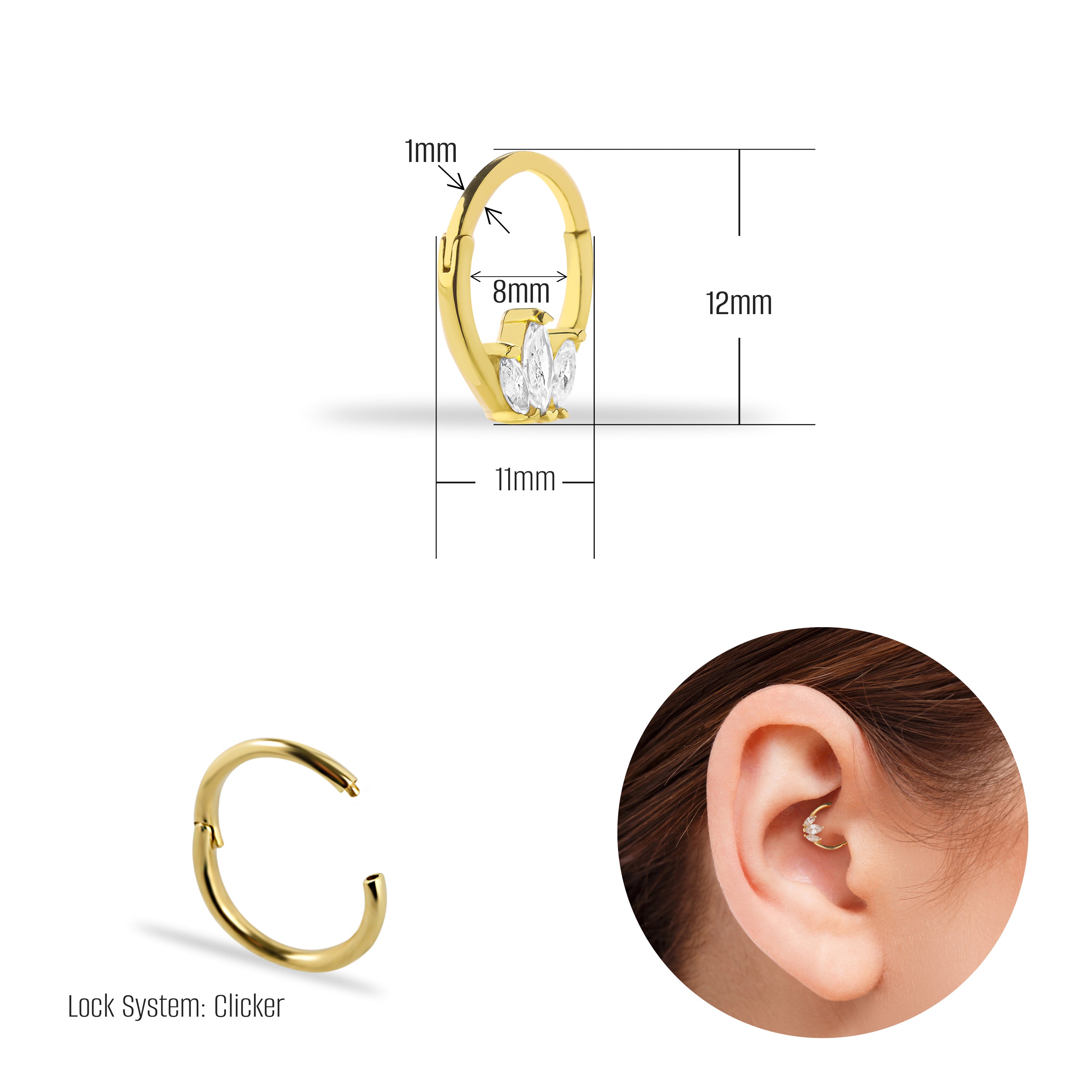 8mm Lotus hoop piercing earring with clear zircons - 14K Solid Yellow Gold
