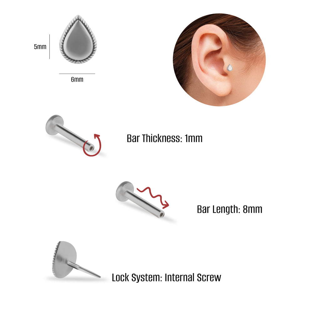 Drop stud piercing earring - 14K Solid White Gold