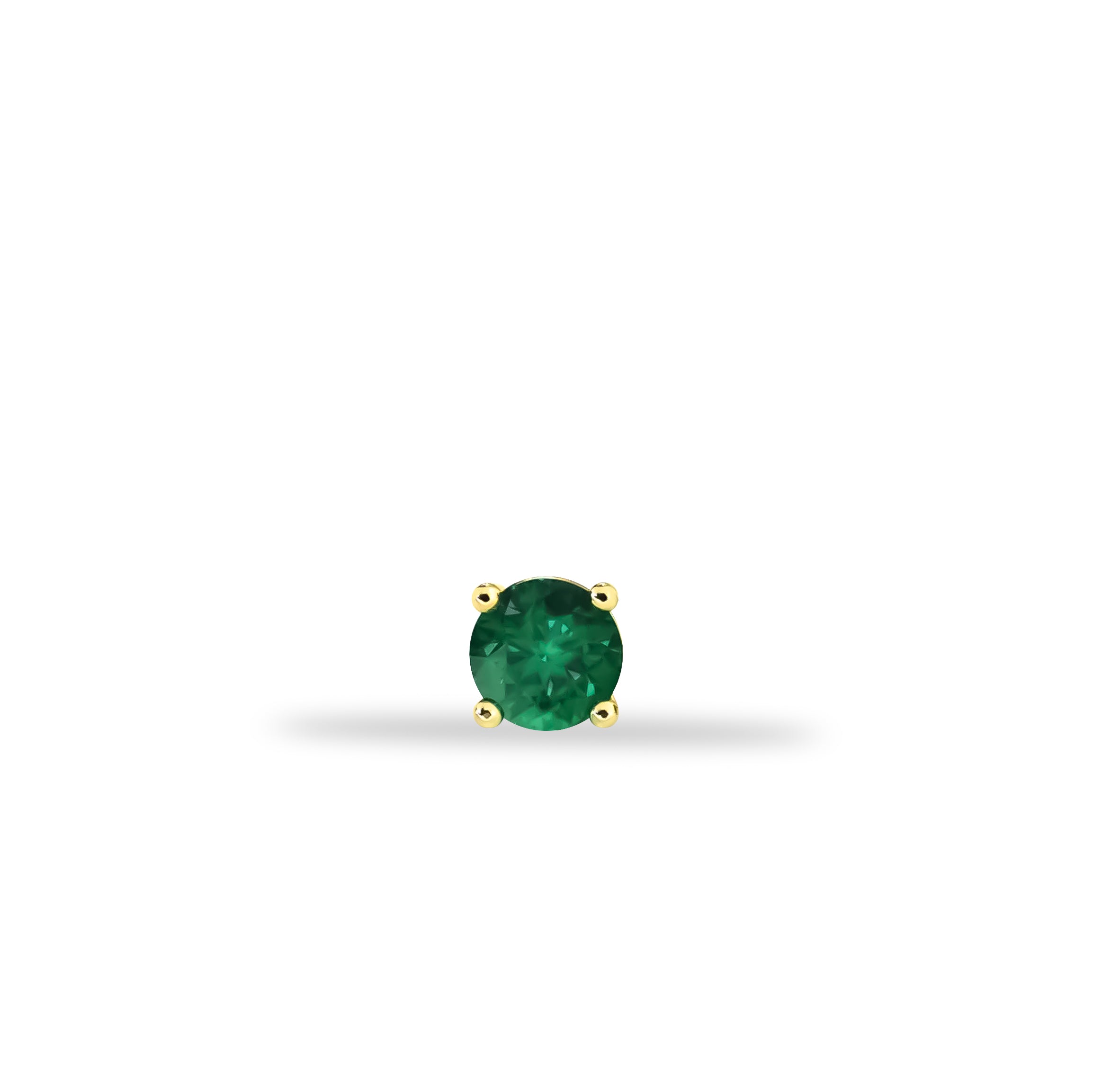 Dot stud piercing earring with green zircon - 14K Solid Yellow Gold