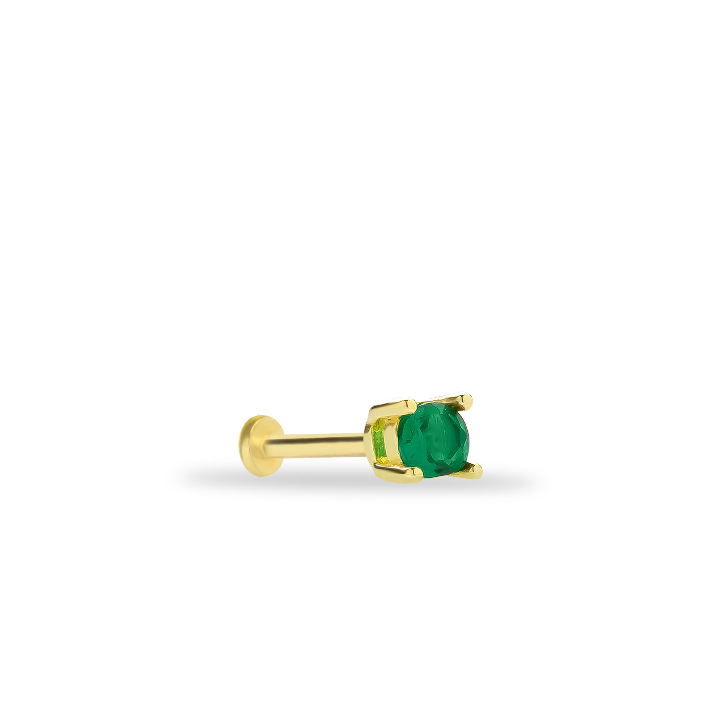 Dot stud piercing earring with green zircon - 14K Solid Yellow Gold
