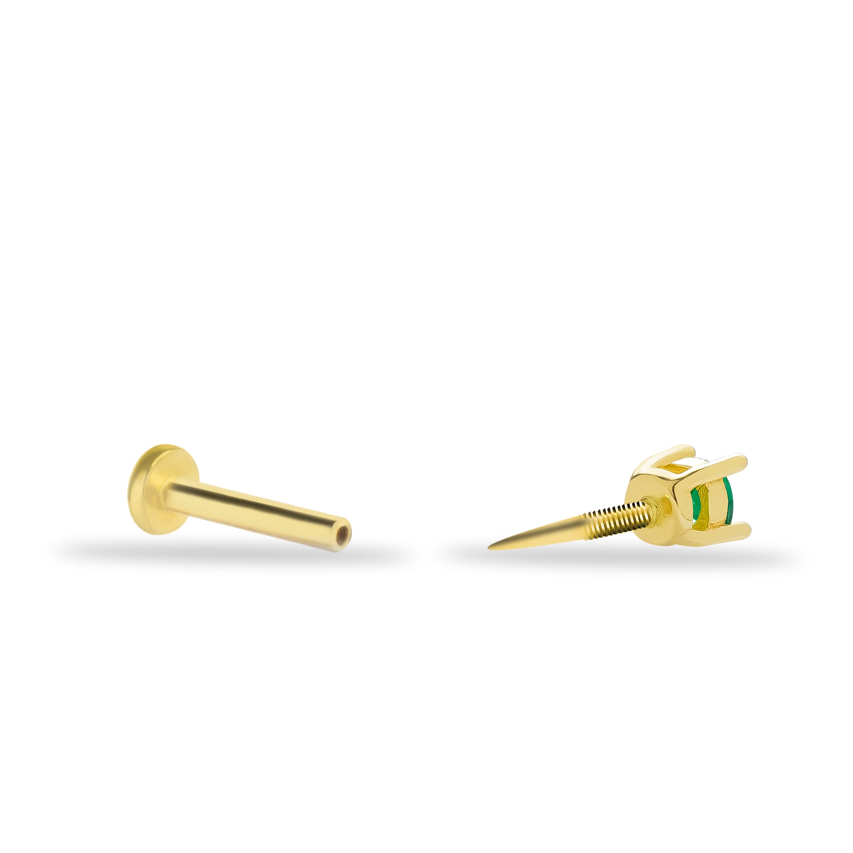 Dot stud piercing earring with green zircon - 14K Solid Yellow Gold
