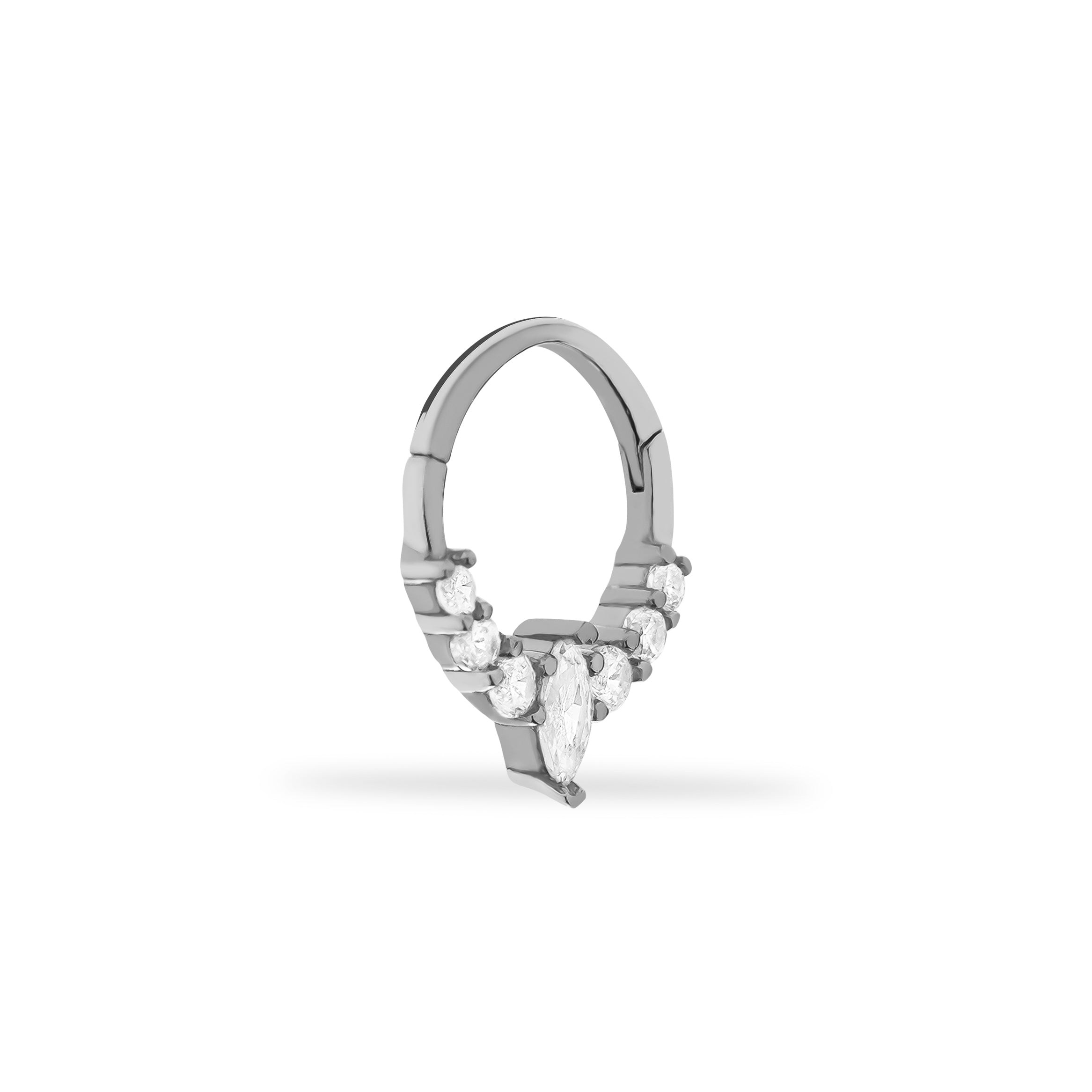 8mm Hoop piercing earring with clear zircons - 14K Solid White Gold