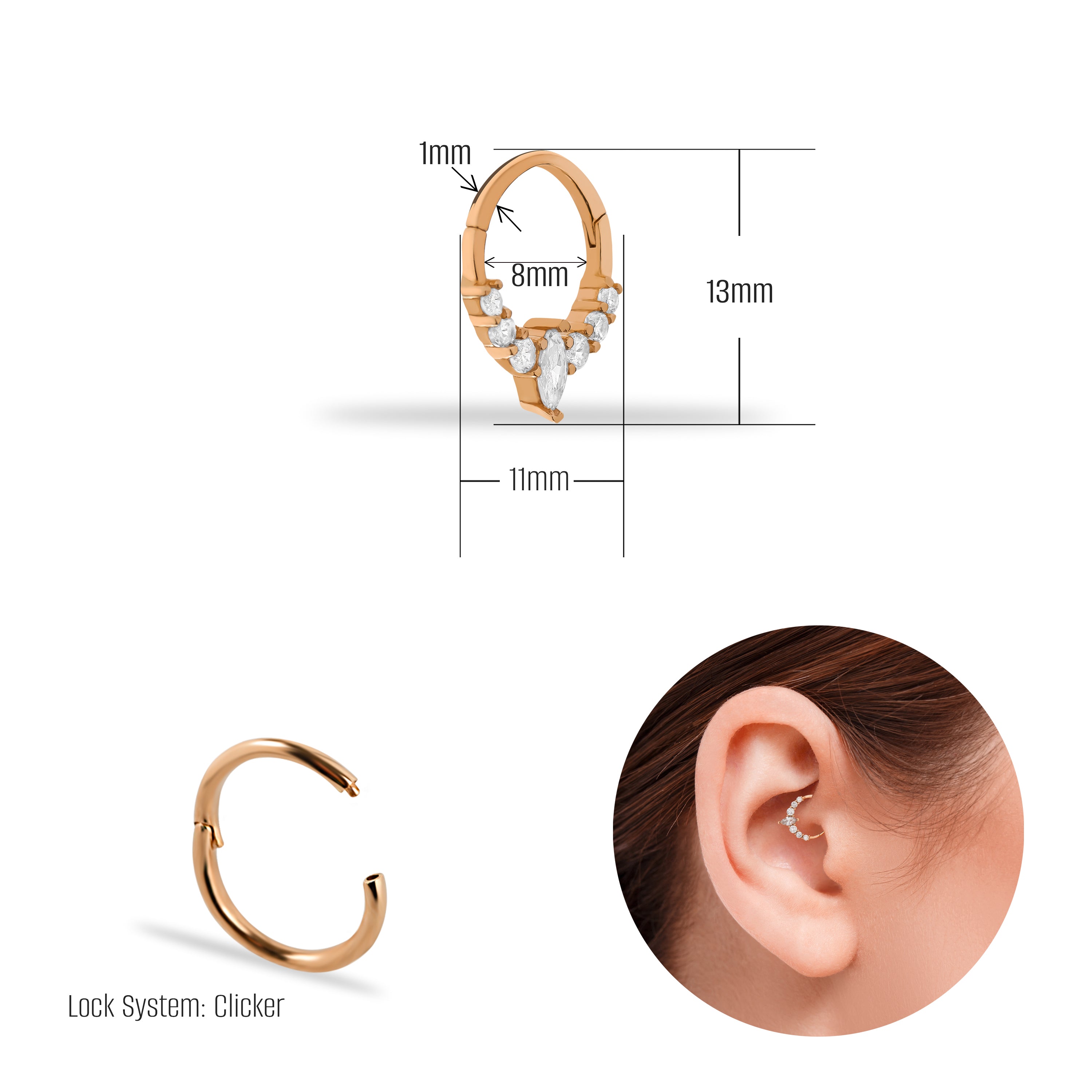8mm Hoop piercing earring with clear zircons - 14K Solid Rose Gold