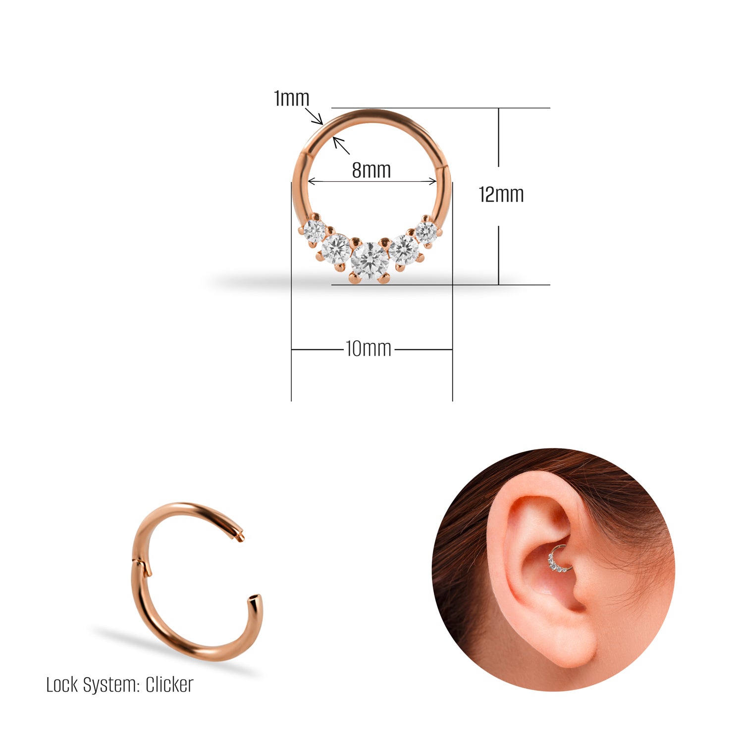 8mm Hoop piercing earring with clear zircons - 14K Solid Rose Gold