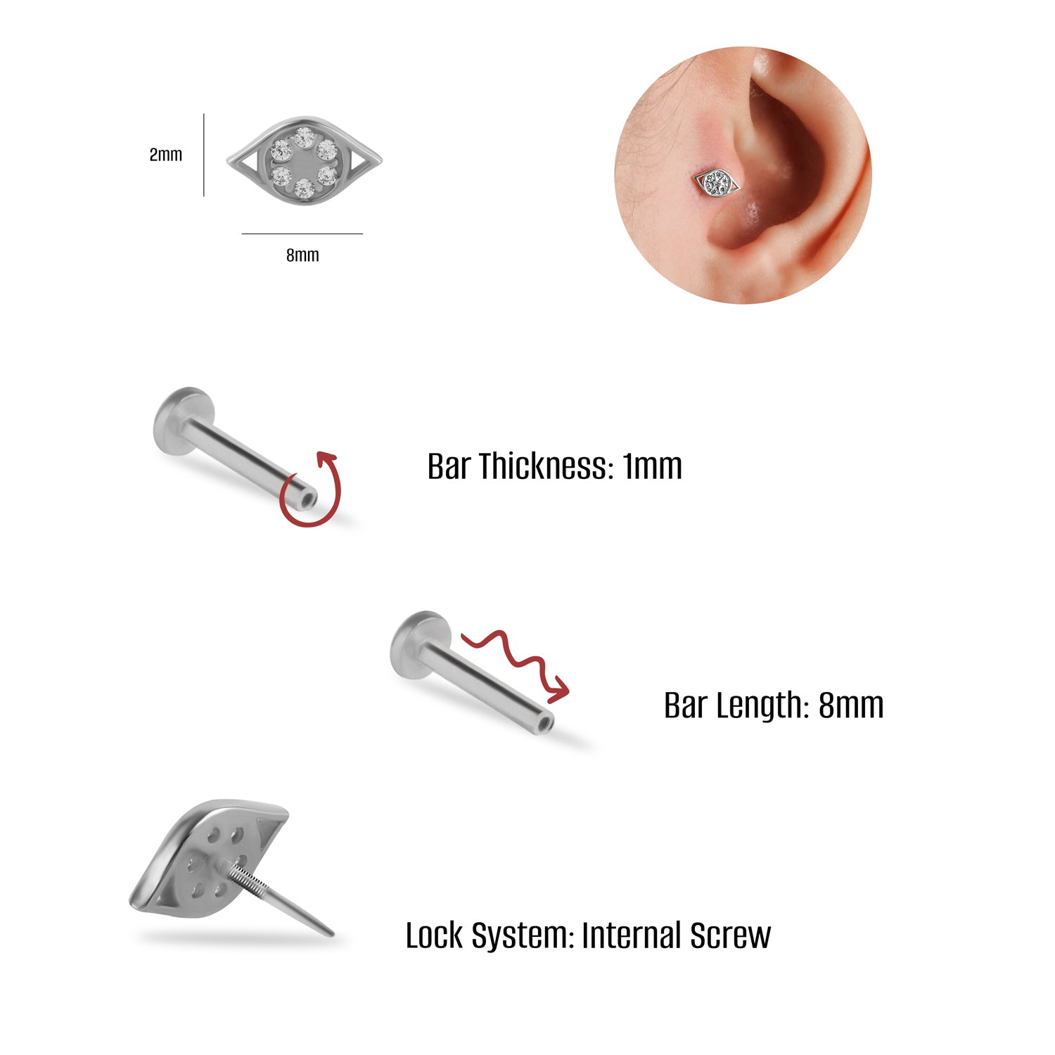 Marquis stud piercing earring with clear zircons - 14K Solid White Gold