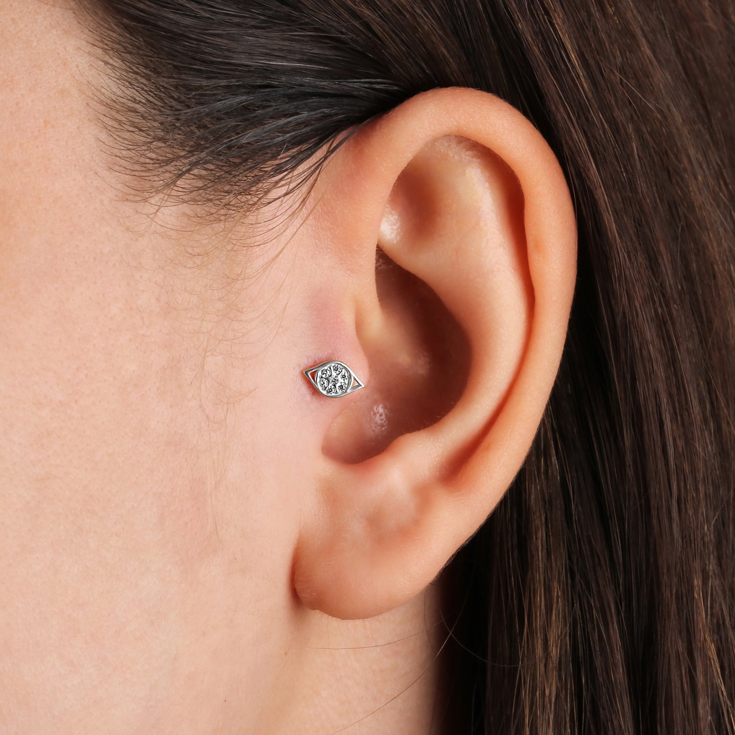 Marquis stud piercing earring with clear zircons - 14K Solid White Gold