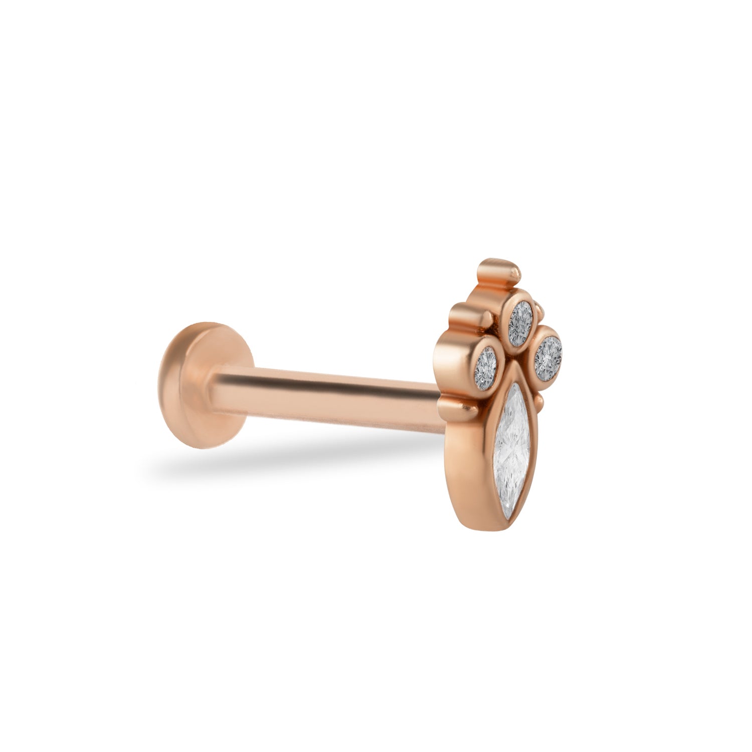 Stud piercing earring with clear zircons - 14K Solid Rose Gold