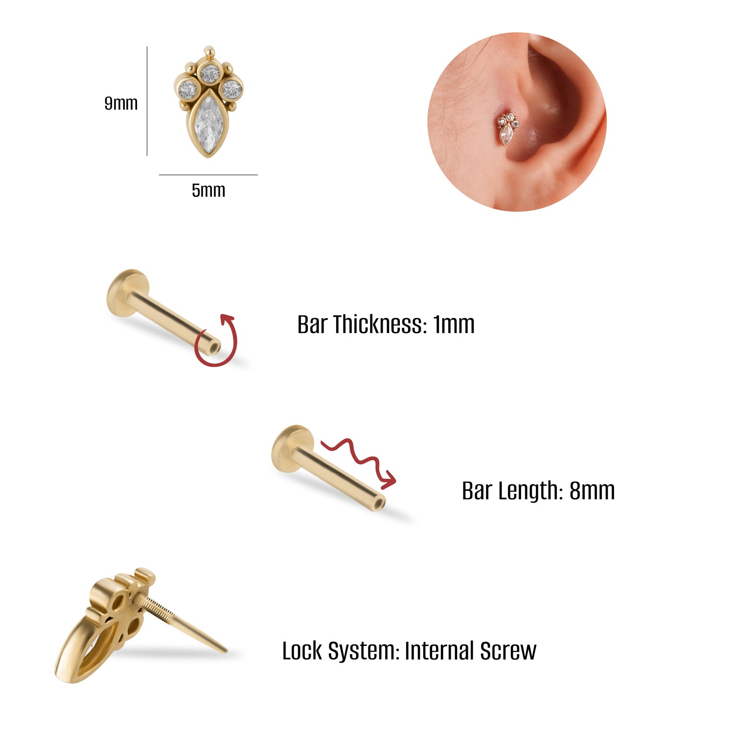 Marquis stud piercing earring with clear zircons - 14K Solid Yellow Gold