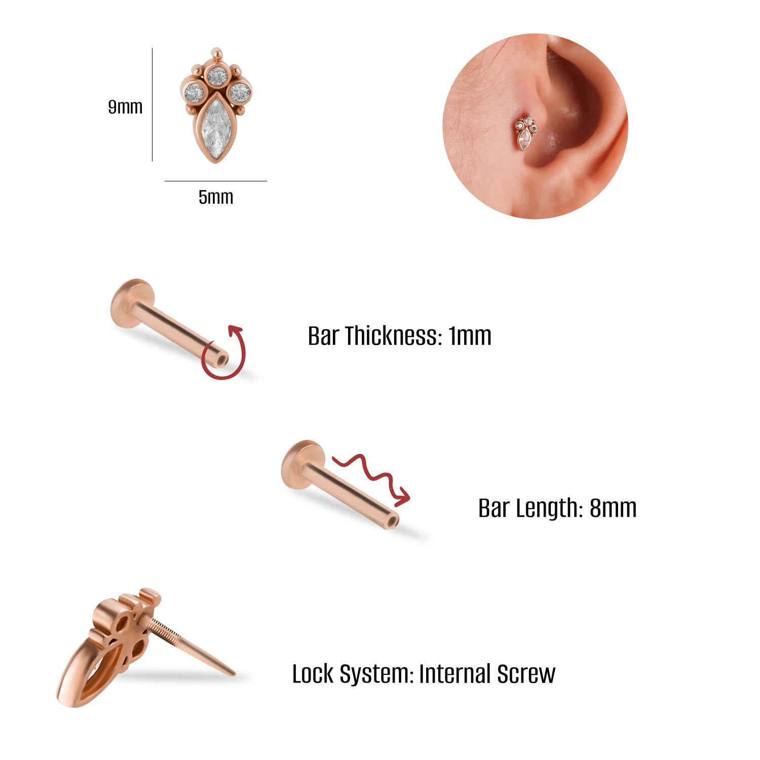 Stud piercing earring with clear zircons - 14K Solid Rose Gold
