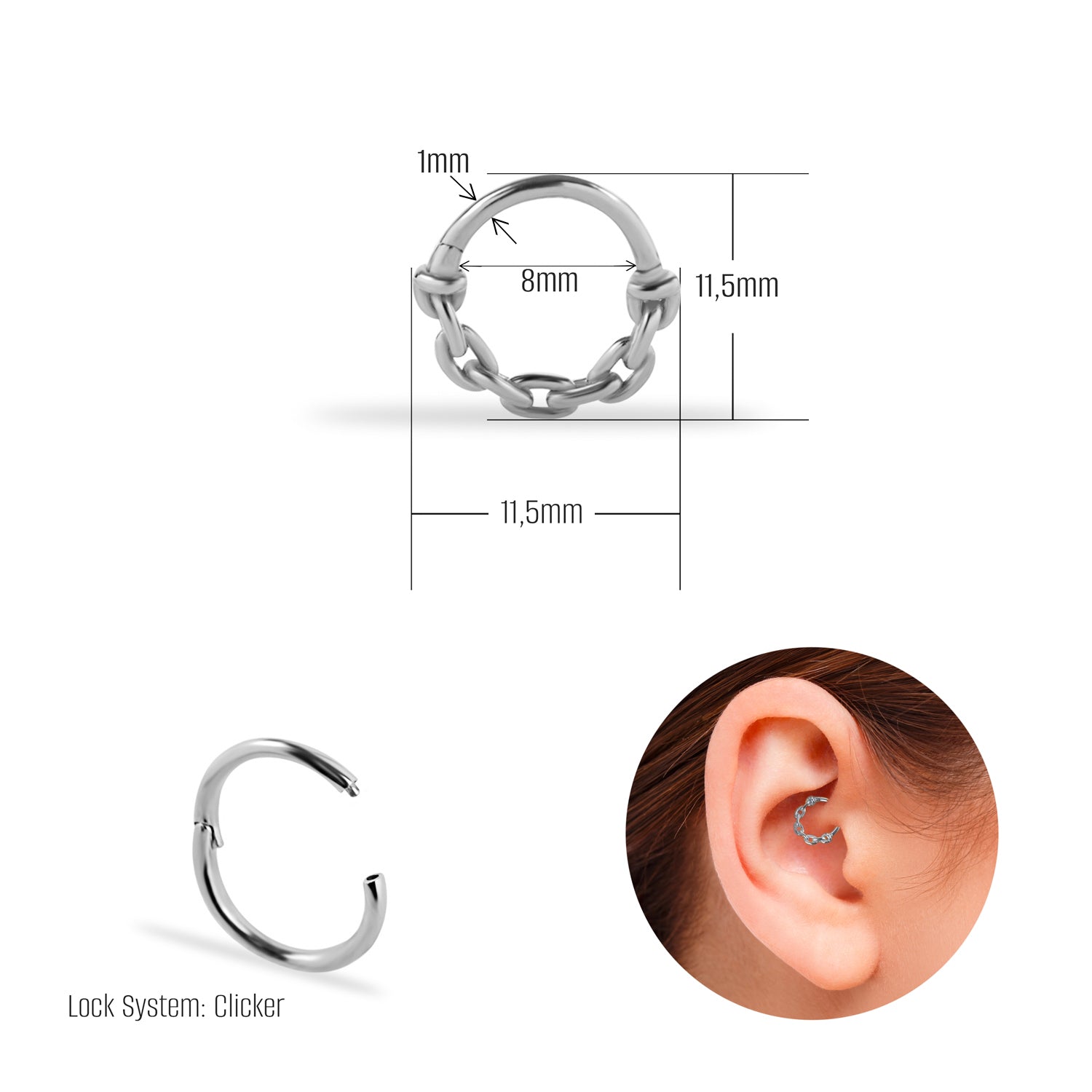 8mm Chain hoop piercing earring - 14K Solid White Gold