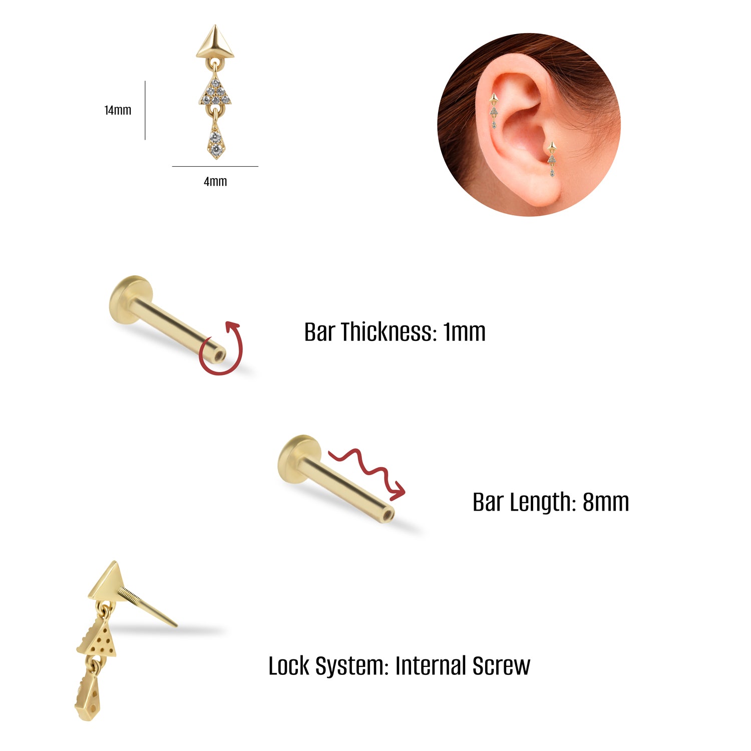 Triangle stud piercing earring with hanging zircons - 14K Solid Yellow Gold