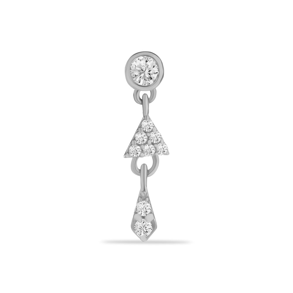 Stud piercing earring with clear zircon & hanging chain - 14K Solid White Gold