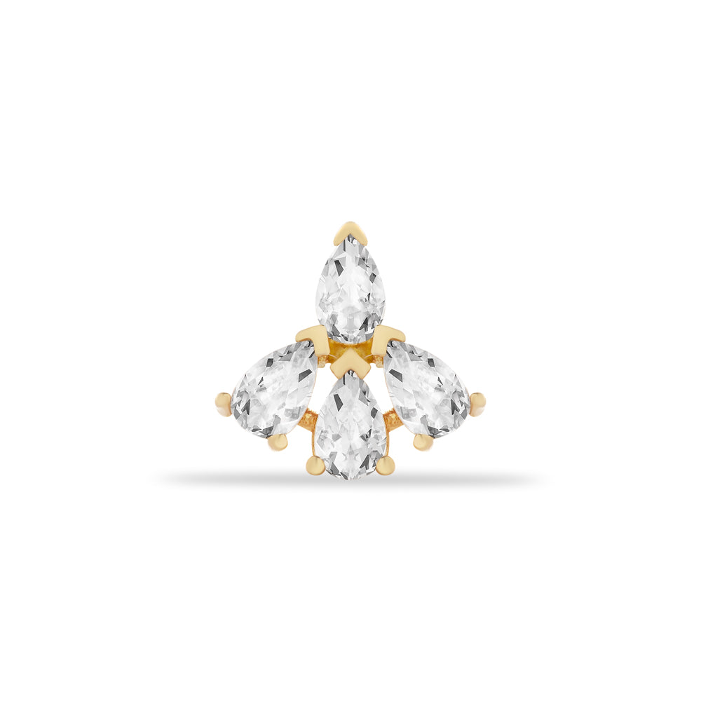 Lotus flower stud piercing earring with clear zircons - 14K Solid Yellow Gold