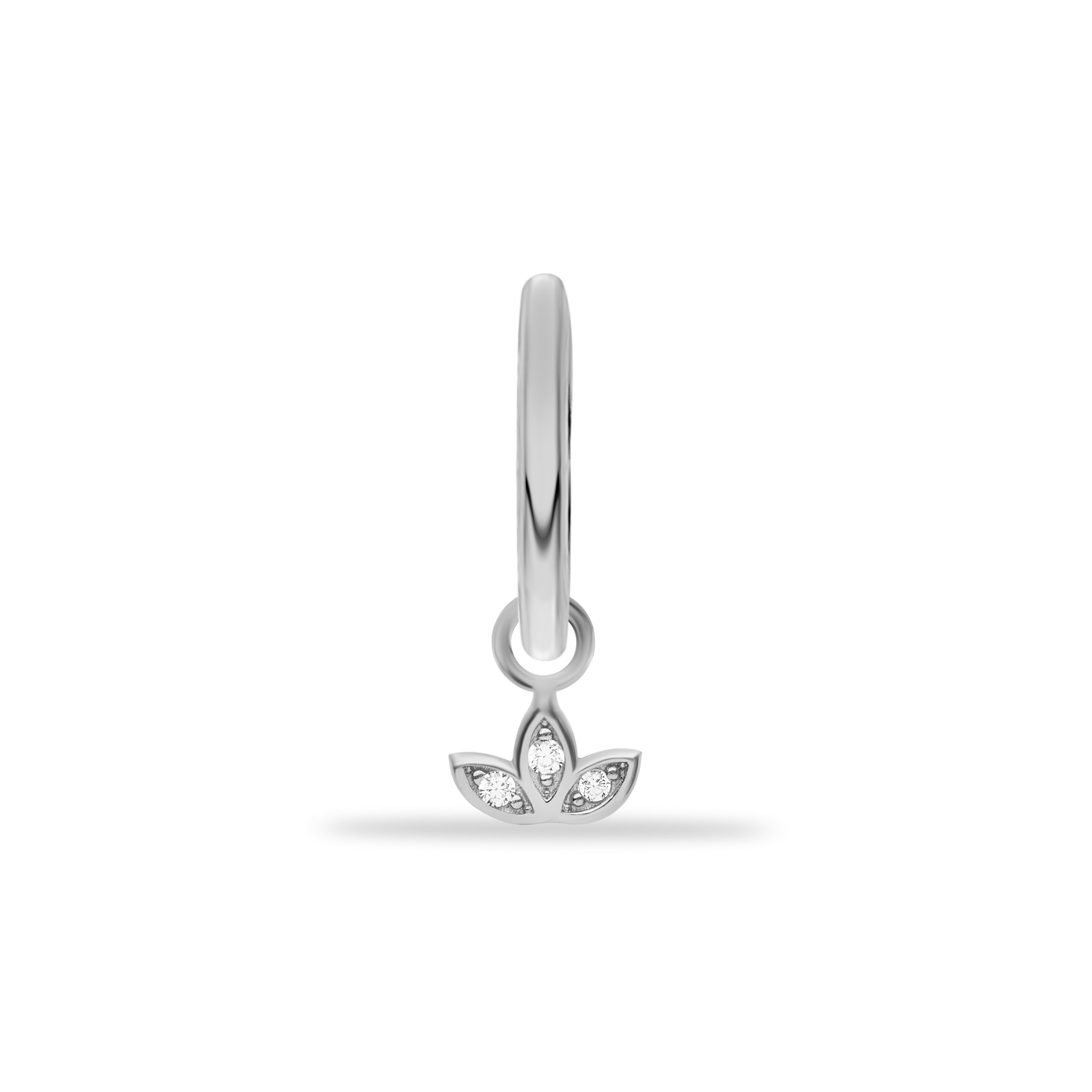 Hoop piercing earring with lotus delicate pendant & clear zircons - 14K Solid White Gold