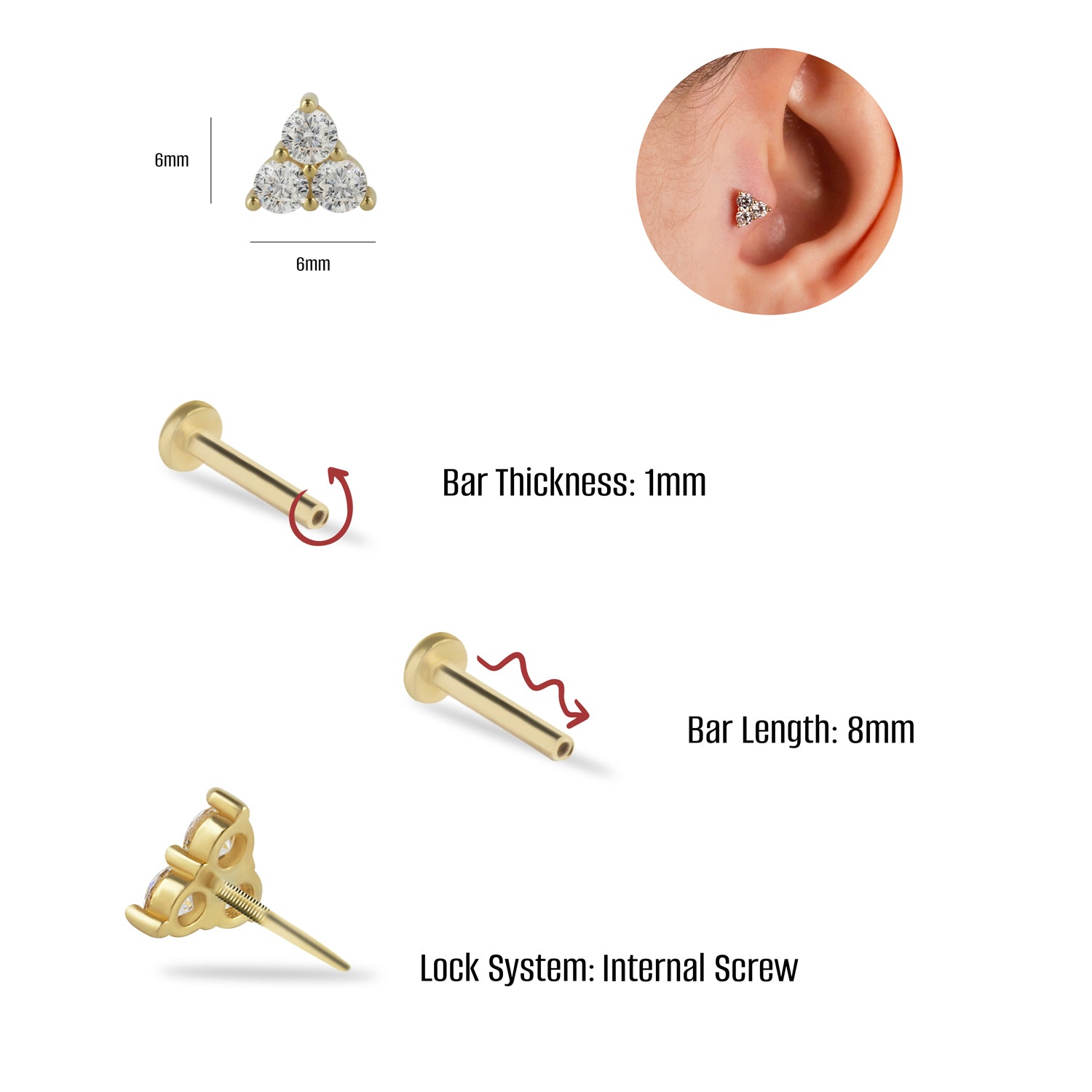 Triangle stud piercing earring with clear zircons - 14K Solid Yellow Gold