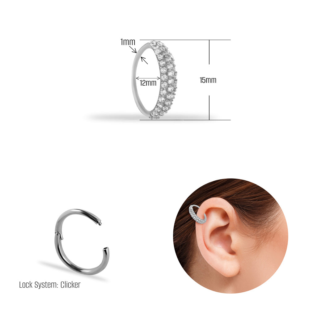 Hoop piercing earring with clear zircons - 14K Solid White Gold