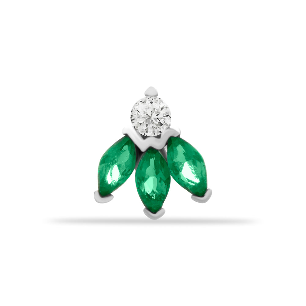 Lotus stud piercing earring with clear & green zircons - 14K Solid White Gold
