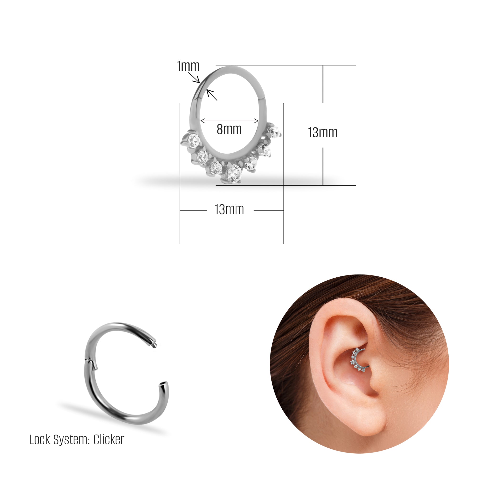 8mm Hoop piercing earring with clear zircons - 14K Solid White Gold