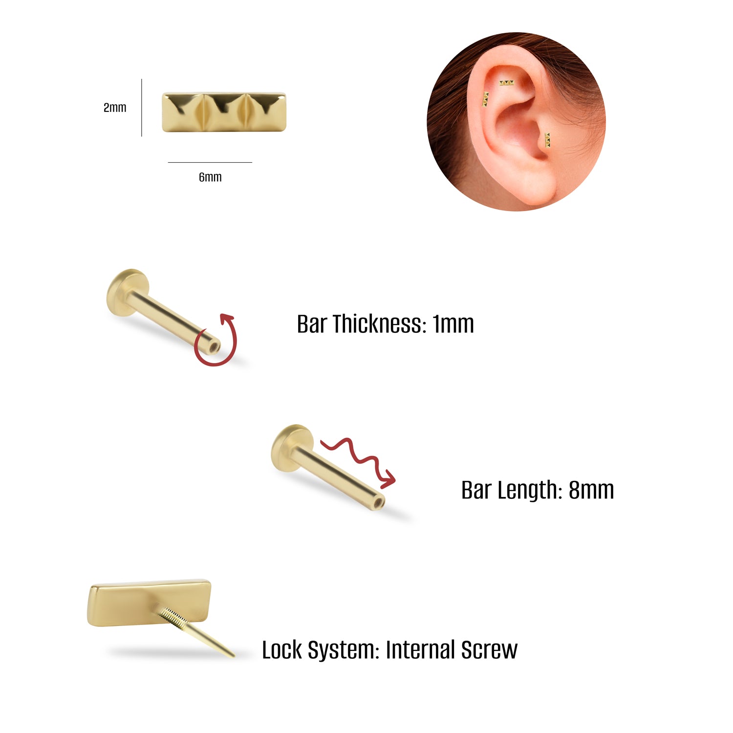 Stud piercing earring - 14K Solid Yellow Gold