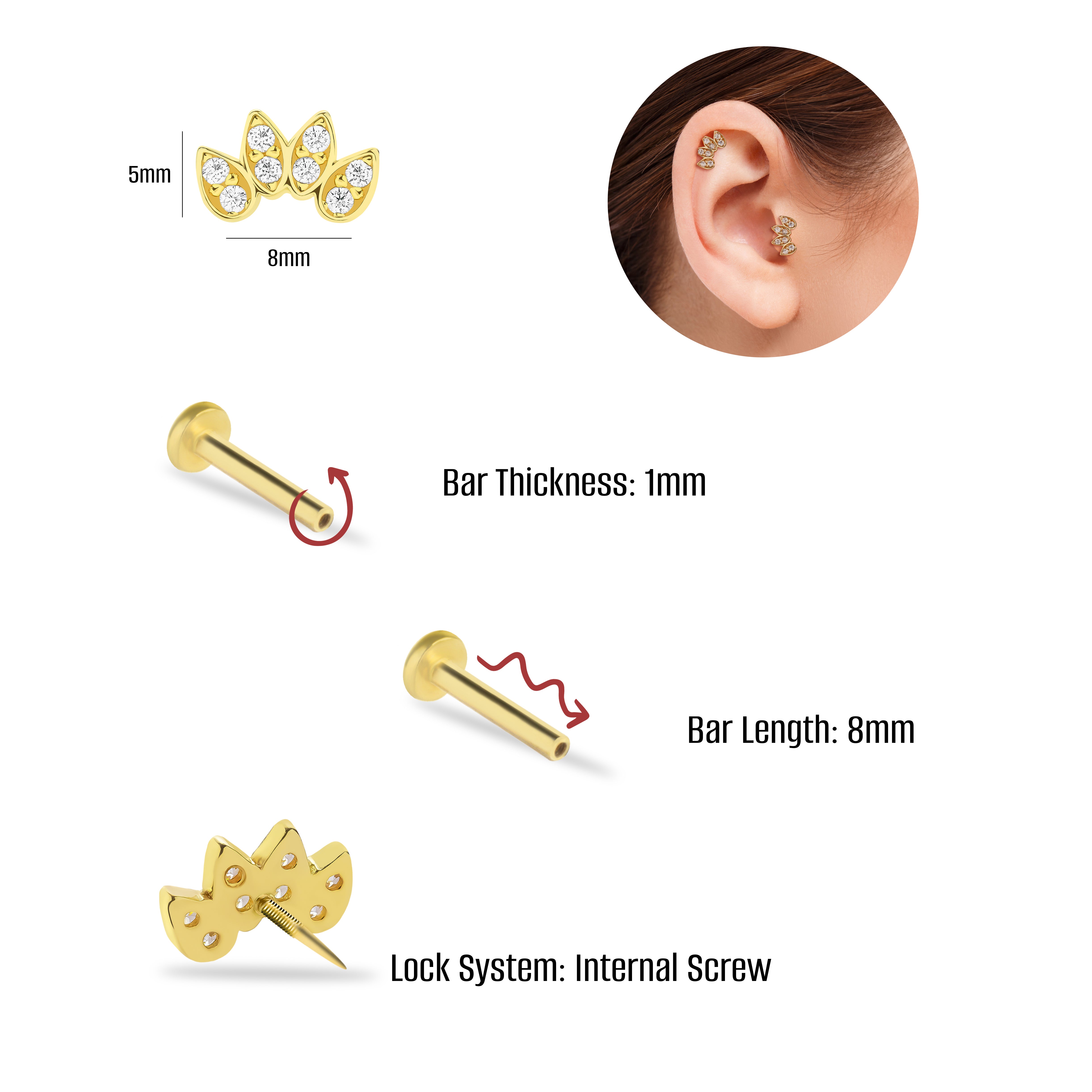 Lotus stud piercing earring with clear zircons - 14K Solid Yellow Gold