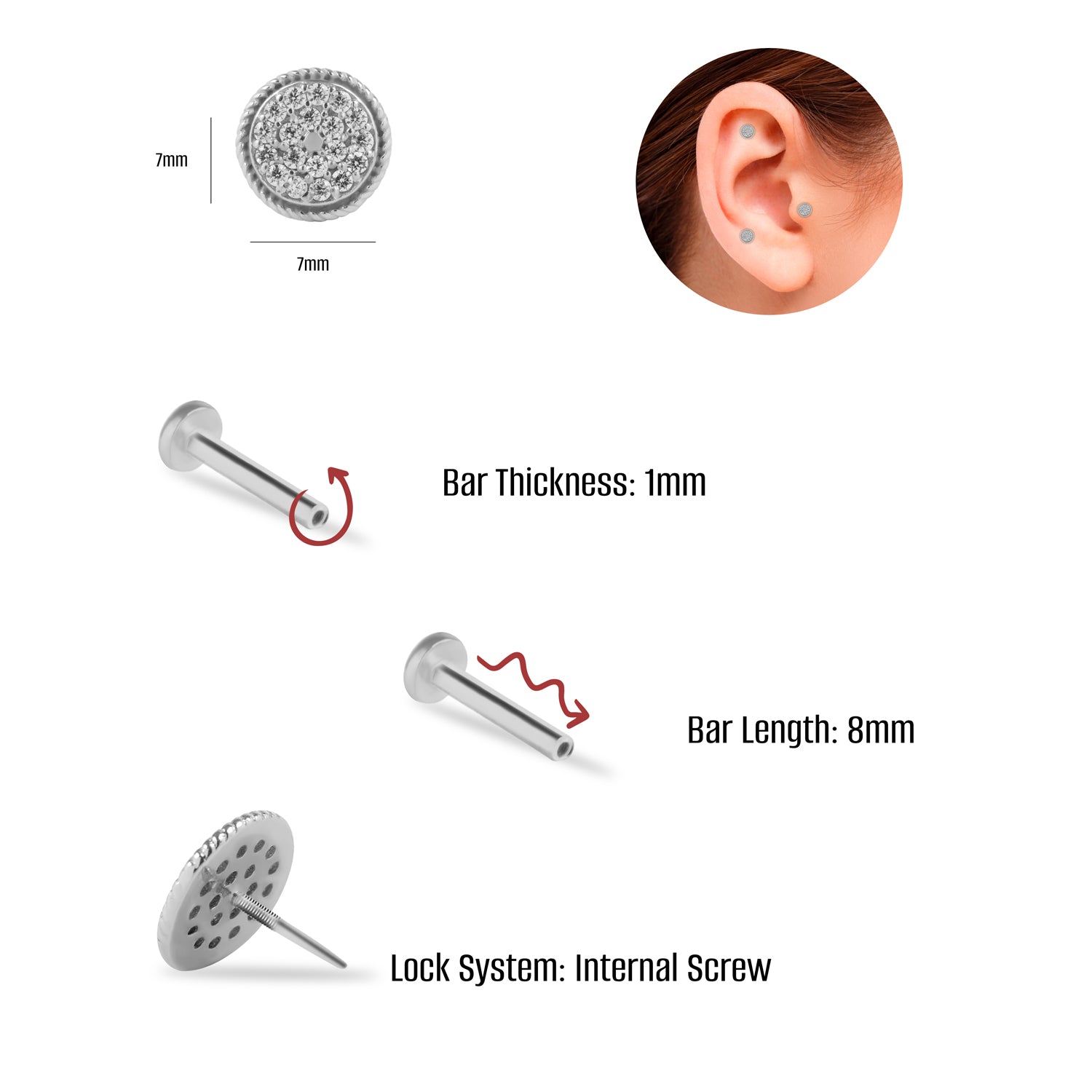 Round Labret Piercing Earring With Zircons - 14K Solid White Gold - For Helix Tragus Lobe Conch Flat & Other Body Piercing