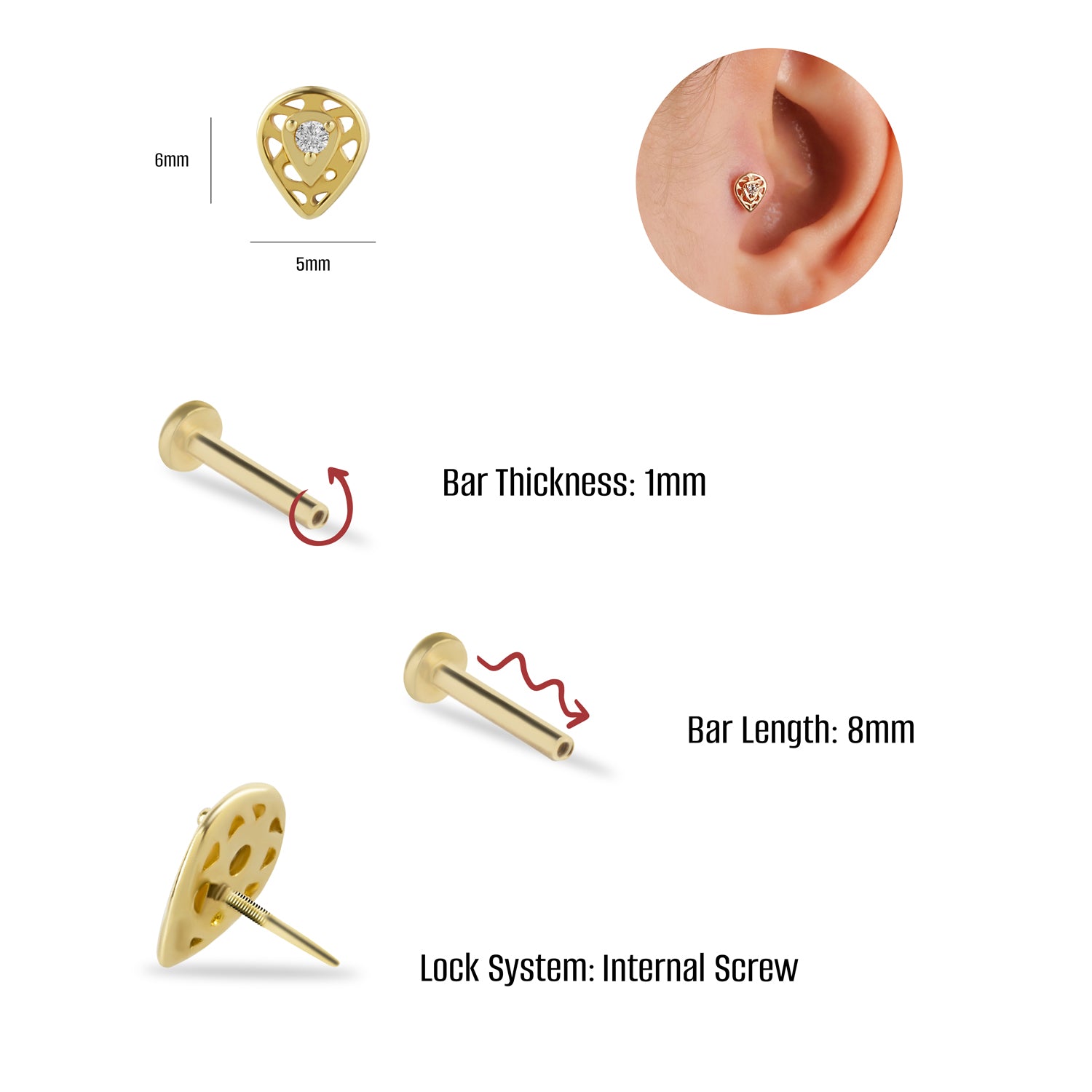 pear stud piercing earring with clear zircon - 14K Solid Yellow Gold