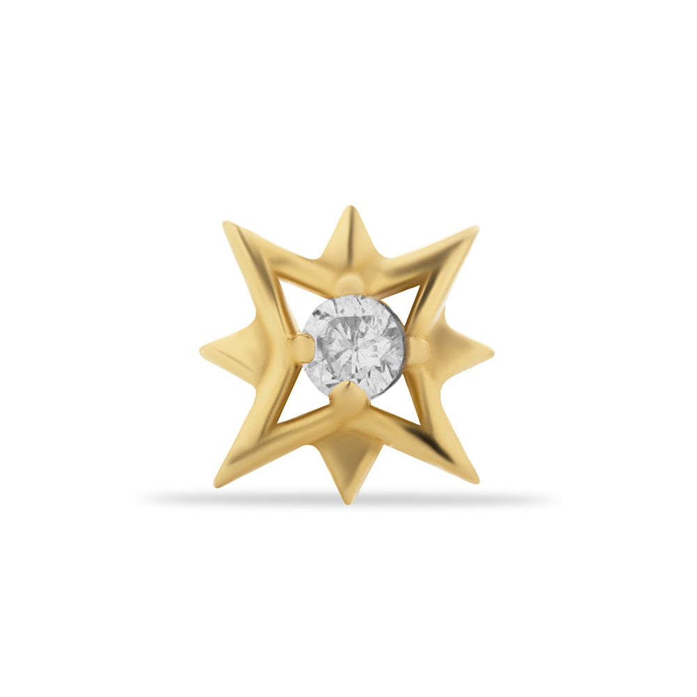 Star stud piercing earring with clear zitcon - 14K Solid Yellow Gold