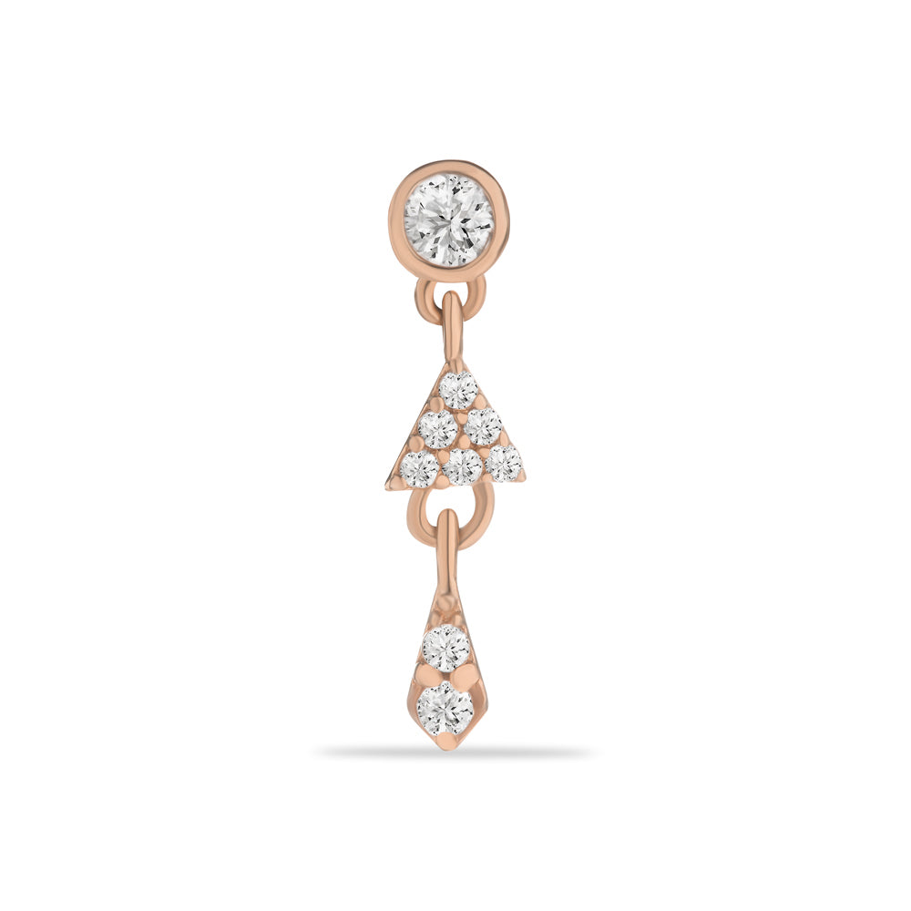 Stud piercing earring with clear zircon & hanging chain - 14K Solid Rose Gold