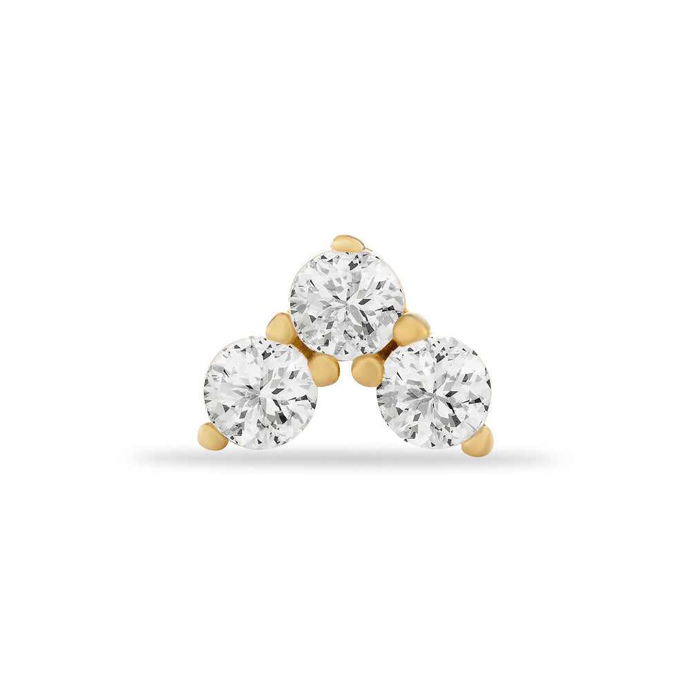 Stud piercing earring with clear zircons - 14K Solid Yellow Gold