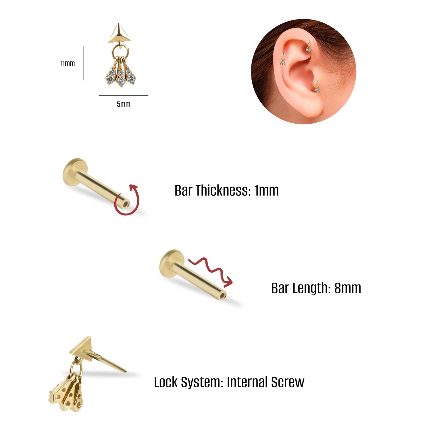 Stud piercing earring with clear pendant zircons - 14K Solid Yellow Gold