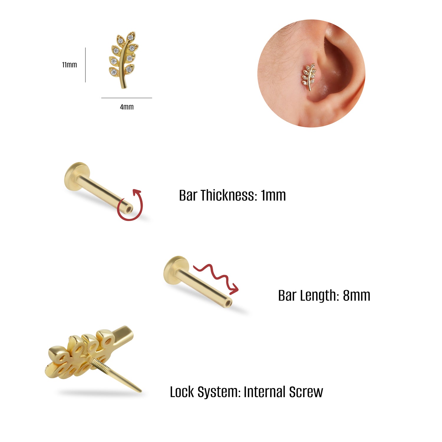 Leaf stud piercing earring with clear zircons - 14K Solid Yellow Gold