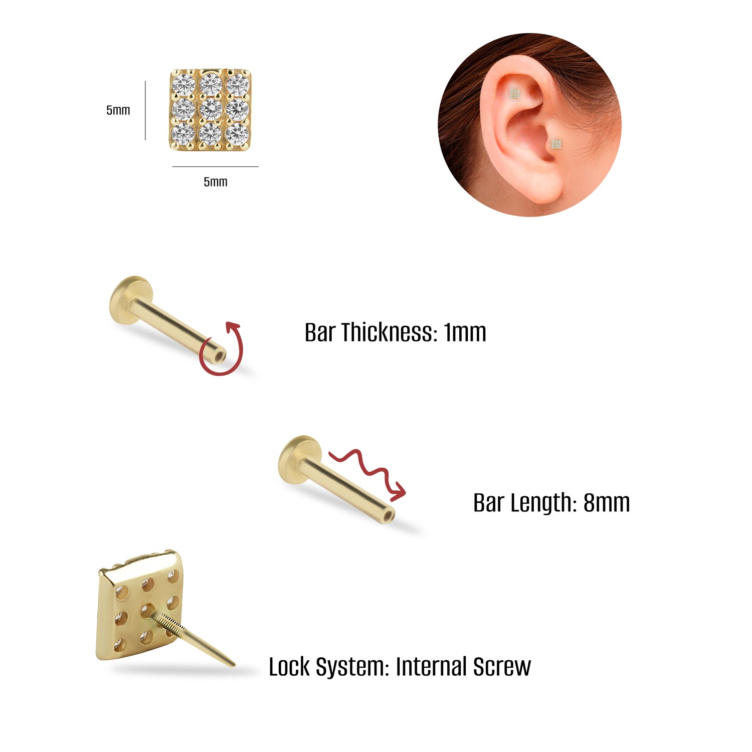 Square stud piercing earring with clear zircons - 14K Solid Yellow Gold