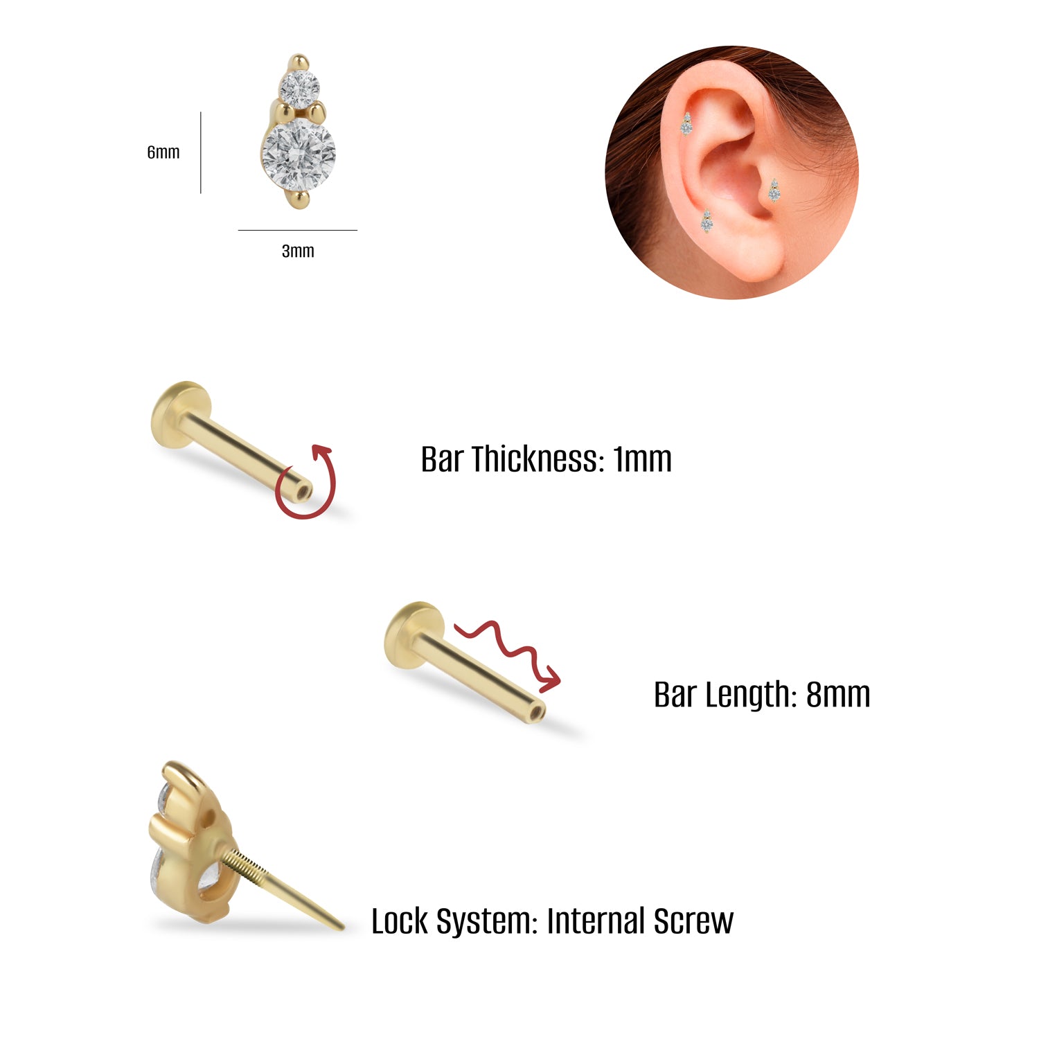 Stud piercing earring with clear zircons - 14K Solid Yellow Gold
